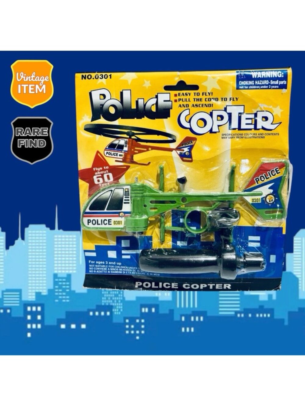 Vintage Dime Store Rip Cord Plastic (Green Version) Police Helicopter Toy. RARE!